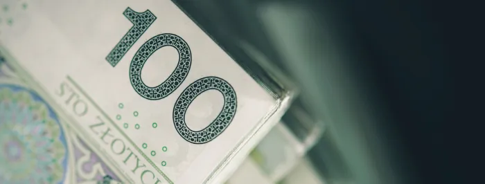 Zbliżenie na polski banknot o nominale 100 złotych, ułożony pod kątem