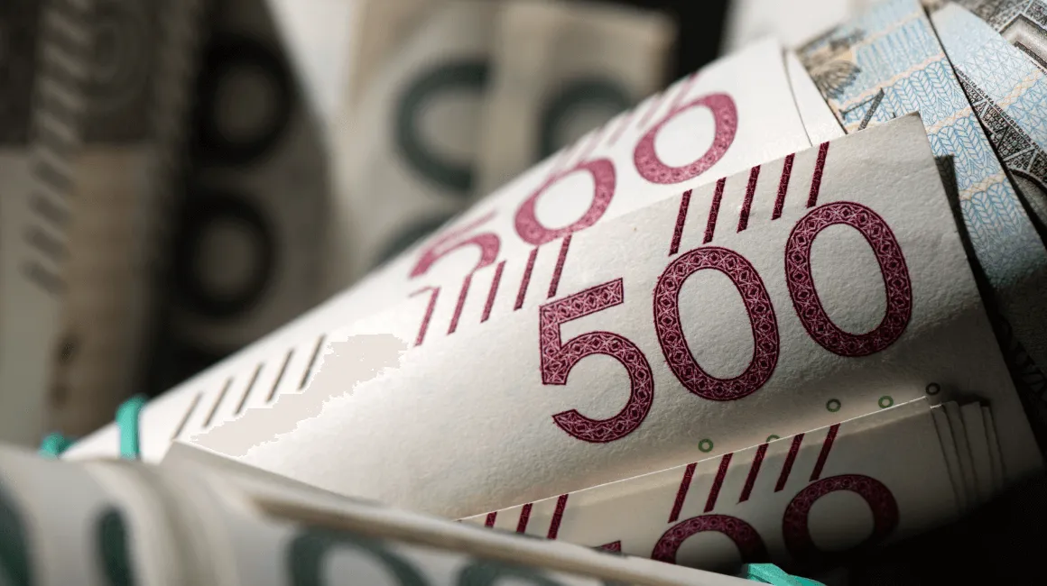 Zbliżenie na zwinięte banknoty 500 zł